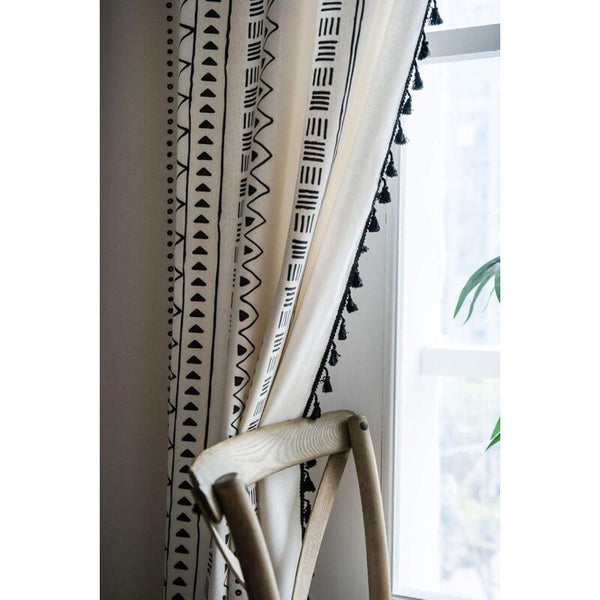 1 Panel Bohemian Curtains Cotton Linen Black Tassel For Living Room Bedroom (White 150 X 180 Cm) Curtains & Drapes