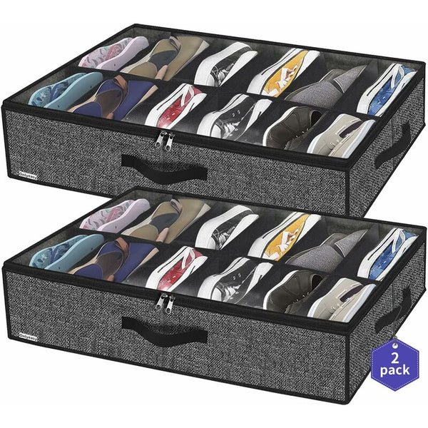 2 Pack Shoe Storage Bag With Clear Window 12 Compartment Organiser For Under Bed Black Linen Fabric Shoe Bags