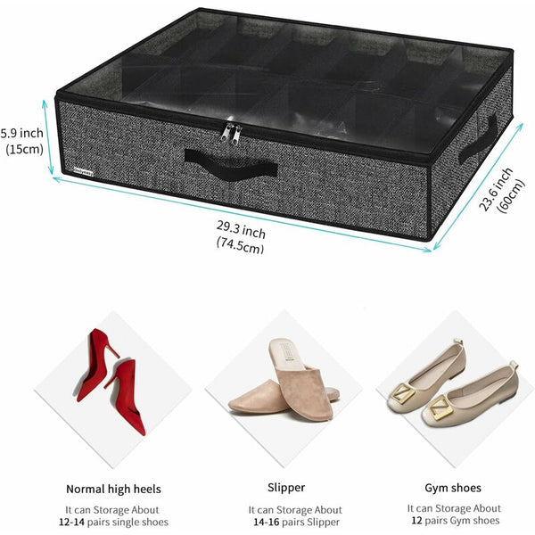 2 Pack Shoe Storage Bag With Clear Window 12 Compartment Organiser For Under Bed Black Linen Fabric Shoe Bags