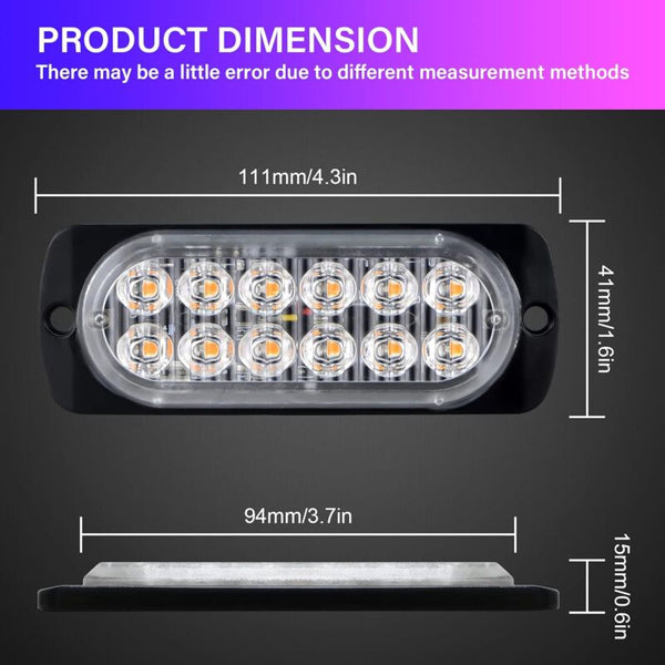 2 Pcs 12 Led Amber Strobe Brake Light 12V 24V Bar For Offroad Vehicle Car Van Boat Trailer Caravan 3000K Lights