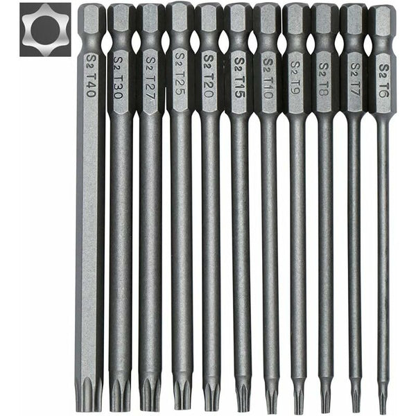 11 Piece Long Torx Screwdriver Bit Set Magnetic Bits 1/4" Hex Shank Sizes T6 T40 100Mm Length Screwdrivers & Nutdrivers
