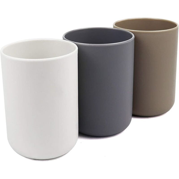 Bathroom Tumbler Toothbrush Holder 3 Pcs Set Food Grade Plastic Absolutely Unbreakable (White Gray Brown) Tumblers & Toothbrush Holders