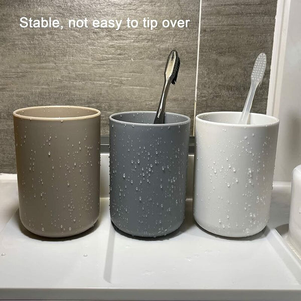Bathroom Tumbler Toothbrush Holder 3 Pcs Set Food Grade Plastic Absolutely Unbreakable (White Gray Brown) Tumblers & Toothbrush Holders