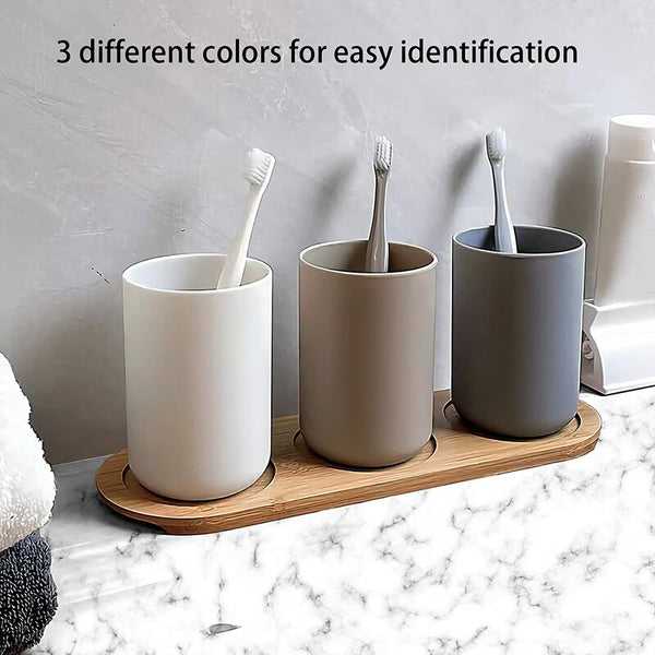 Bathroom Tumbler Toothbrush Holder 3 Pcs Set Food Grade Plastic Absolutely Unbreakable (White Gray Brown) Tumblers & Toothbrush Holders