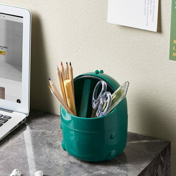 Mini Desktop Trash Can With Lid For Bathroom Kitchen Office Cartoon Style Portable Green Rubbish Bins