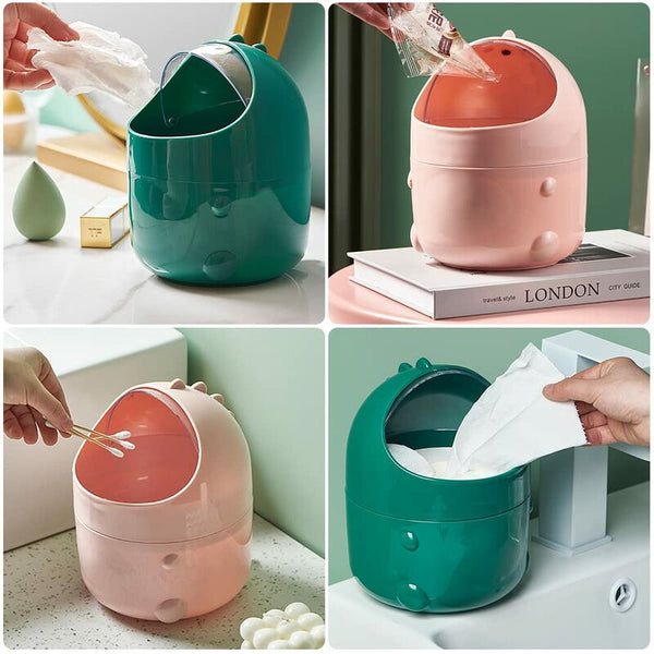 Mini Desktop Trash Can With Lid For Bathroom Kitchen Office Cartoon Style Portable Green Rubbish Bins