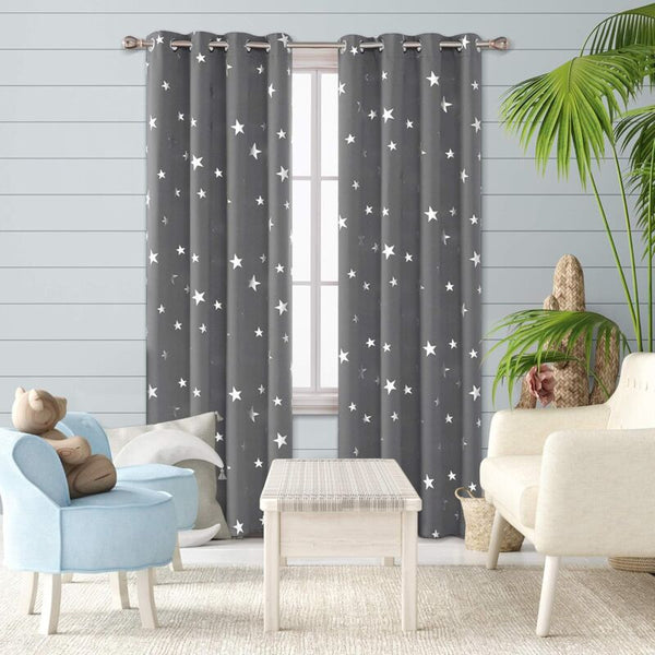 2 Pcs Set Thermal Blackout Curtains Anti Cold Silver Star Pattern Eyelet 132X245cm Light Grey Curtain Poles & Accessories