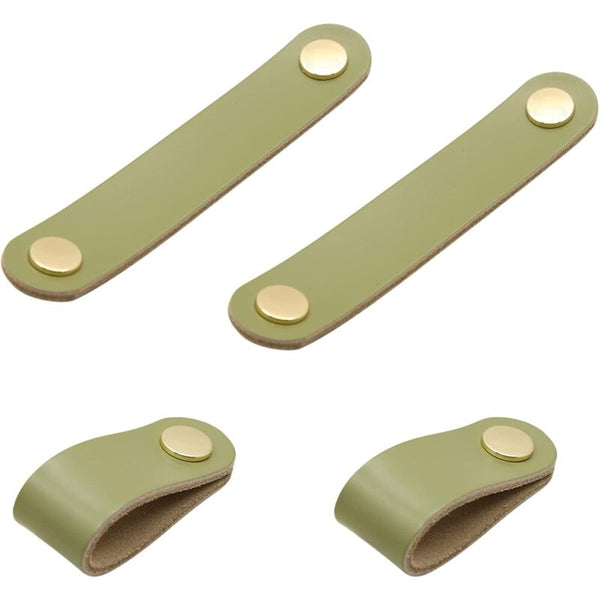 Set Of 4 Leather Furniture Handles Light Green 14 Cm X 2.5 Cabinet Pulls