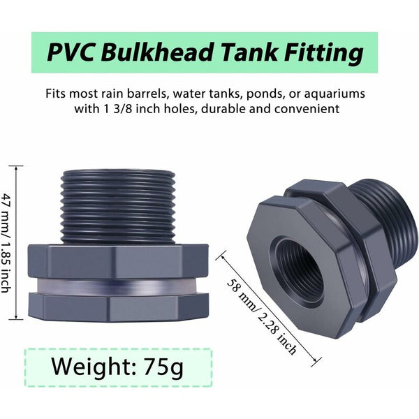 2 Piece Pvc Bulkhead Fitting For Rain Barrels Water Tanks (3/4") Aquariums