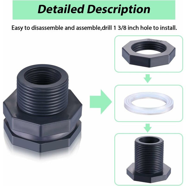 2 Piece Pvc Bulkhead Fitting For Rain Barrels Water Tanks (3/4") Aquariums