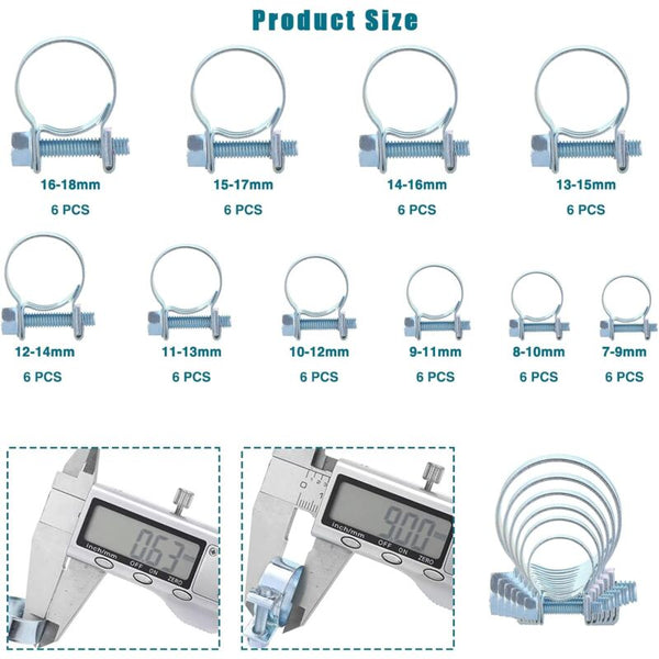 60 Pcs Galvanized Silicone Fuel Hose Clamps 10 Sizes Hoses