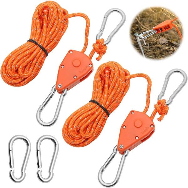 2 Pieces 4M Adjustable Ratchet Rope Orange 1/8 Pulley With Replacement Hooks Reflective Ropes Cords & Slings