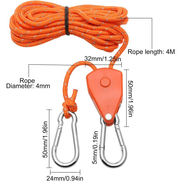 2 Pieces 4M Adjustable Ratchet Rope Orange 1/8 Pulley With Replacement Hooks Reflective Ropes Cords & Slings
