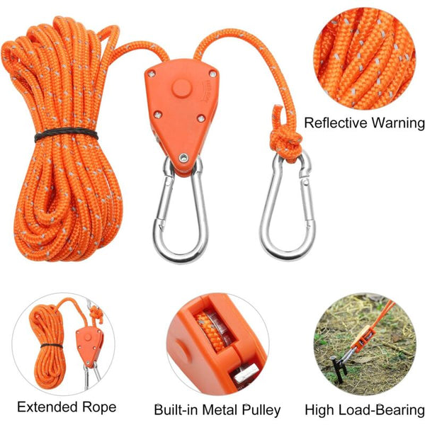 2 Pieces 4M Adjustable Ratchet Rope Orange 1/8 Pulley With Replacement Hooks Reflective Ropes Cords & Slings