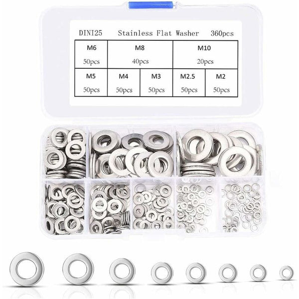 360 Pcs Stainless Steel Flat Washers Assortment Kit M2.5 M3 M4 M5 M6 M8 M10 M12 Metal For Screw Sealing Gasket Screws & Bolts