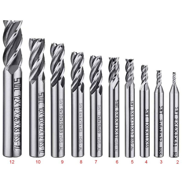 10 Pcs 4 Flute End Mill Bit Set 2 12Mm Hss Straight Shank Drill Cnc Bits Tool For Wood Aluminum Drill Bits