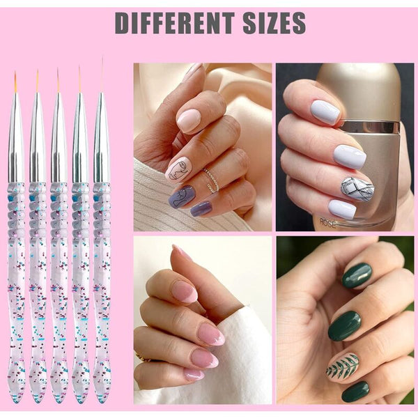 5 Pcs 7/9/11/15/20Mm Nail Art Brush Set Acrylic Crystal Liner Nylon Head Tools For Diy Design 2D Nail Art Design