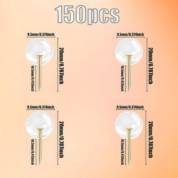 150 Pcs Large Size 9.5Mm Gold Push Pins Round Head Steel Thumb Tacks With Clear Plastic Crafting Tools
