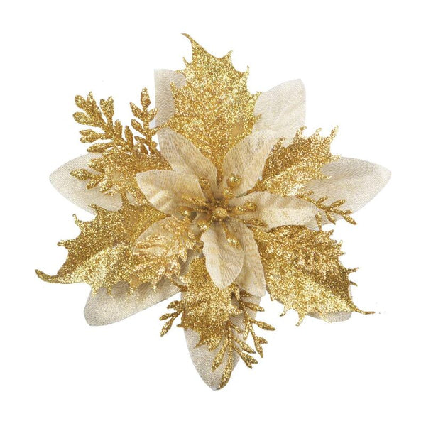 12 Pcs Glitter Christmas Flowers (15Cm) With Artificial Poinsettia For Treeigoldi Seasonal Decorations