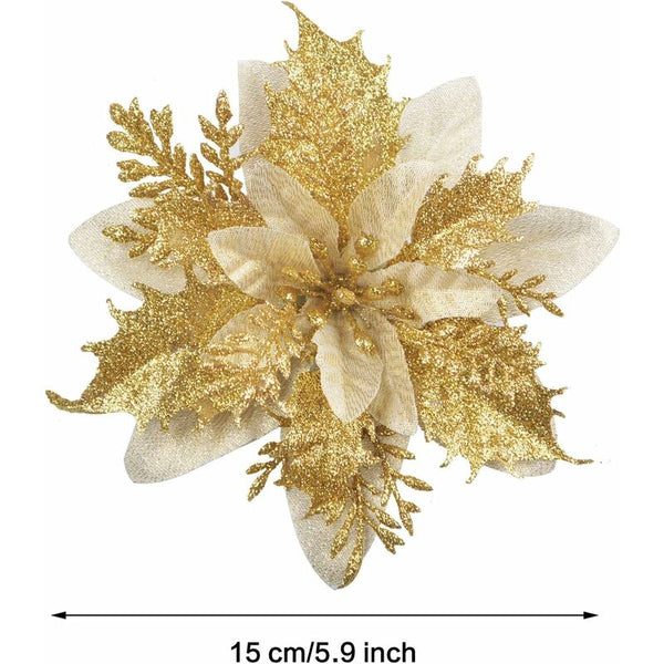 12 Pcs Glitter Christmas Flowers (15Cm) With Artificial Poinsettia For Treeigoldi Seasonal Decorations