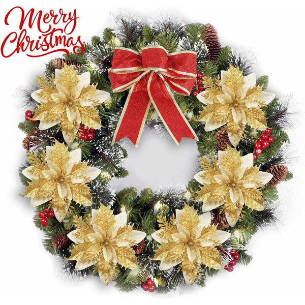 12 Pcs Glitter Christmas Flowers (15Cm) With Artificial Poinsettia For Treeigoldi Seasonal Decorations