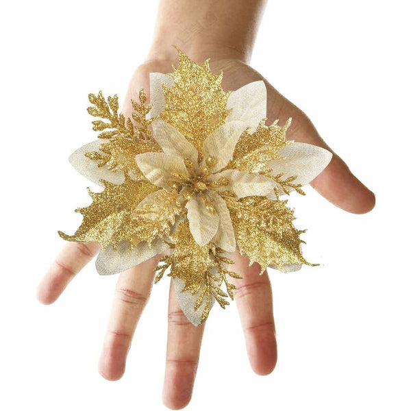 12 Pcs Glitter Christmas Flowers (15Cm) With Artificial Poinsettia For Treeigoldi Seasonal Decorations