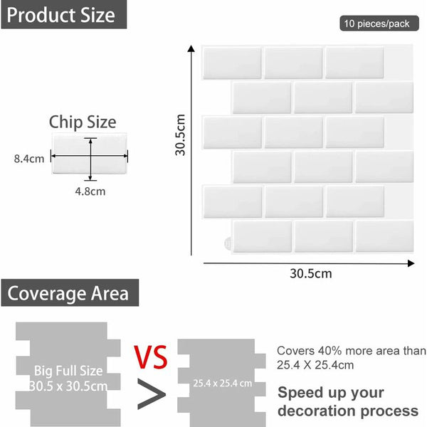 10 Pcs White 3D Wall Tile Sticker Kitchen Bathroom (30.5X 30.5Cm) Wall Stickers