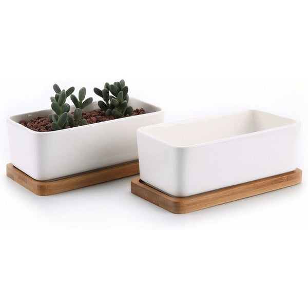 17Cm Ceramic Succulent Pot With Bamboo Tray White 2 Pcs Set Cactus Planter Cache Jardiniare Container Gift For Baskets Pots Window Boxes