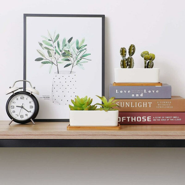17Cm Ceramic Succulent Pot With Bamboo Tray White 2 Pcs Set Cactus Planter Cache Jardiniare Container Gift For Baskets Pots Window Boxes
