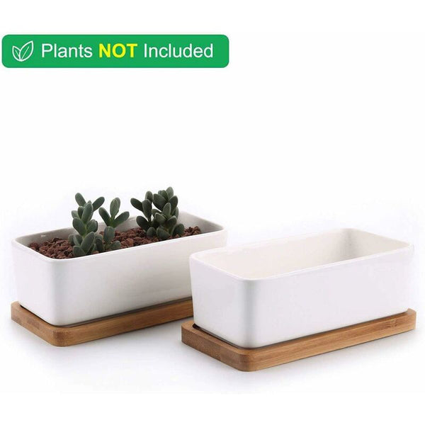 17Cm Ceramic Succulent Pot With Bamboo Tray White 2 Pcs Set Cactus Planter Cache Jardiniare Container Gift For Baskets Pots Window Boxes