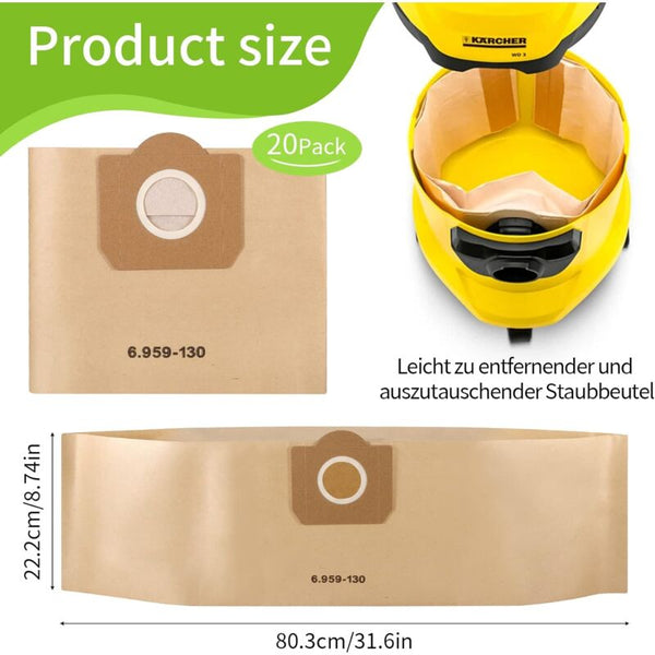 20 Pack Upright Paper Filter For Karcher 6.959 130.0 Vacuum Cleaner Bags