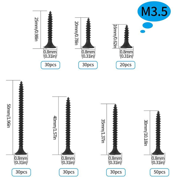 220 Pcs M3.5 Black Self Tapping Wood Screws For Drywall & Furniture Screws & Bolts