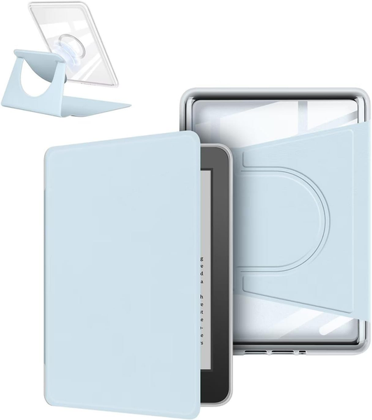 360A Rotating & Detachable Magnetic Case For 7" Kindle Paperwhite 12Th Generation (2024) Auto Wake/Sleep Hands Free Stand Clear Back Cover(Light Blue)