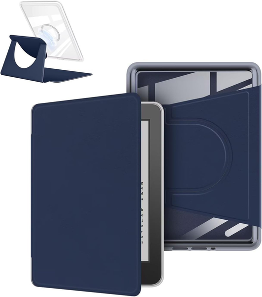 360A Rotating & Detachable Magnetic Case For 7" Kindle Paperwhite 12Th Generation (2024) Auto Wake/Sleep Hands Free Stand Clear Back Cover (Dark Blue)