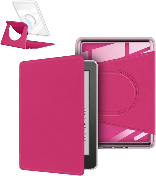 360A Rotating & Detachable Magnetic Case For 6.8" Kindle Paperwhite 11Th Generation (2021) Auto Wake/Sleep Hands Free Stand Clear Back Cover (Rose Red