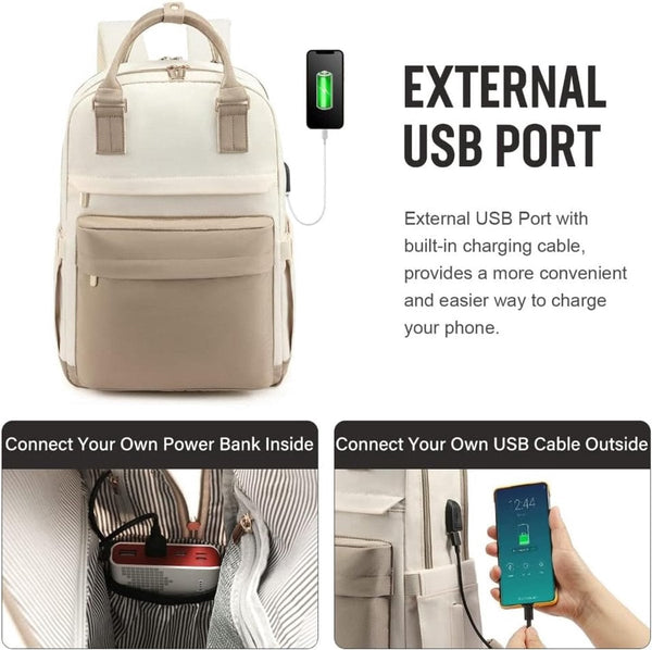 Backpack Ladies Girls Women Laptop Schoolbag Work Waterproof Usb Beige White Women Backpacks