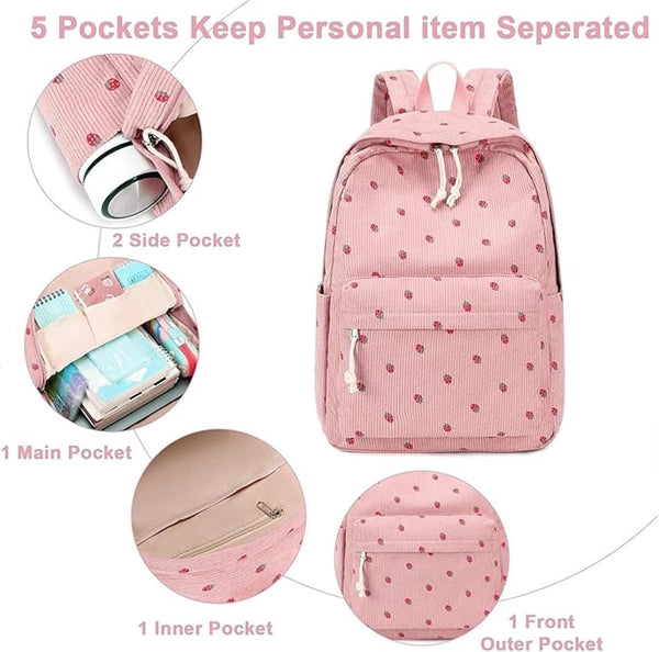3 Pcs Women's Backpack Backpacks Girl's School For Teenage Girls Bag Corduroy Laptop Travel Pink Backpacks & Bags