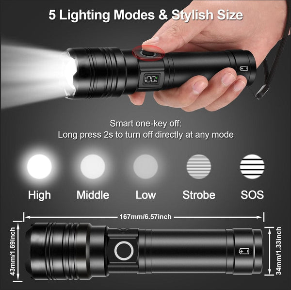 Rechargeable 50000 Lumen Flashlight Long Range Ultra Bright Usb C Led Battery Life Modes Powerful Zoomable For Emergencies Hiking And Camping. Flashli
