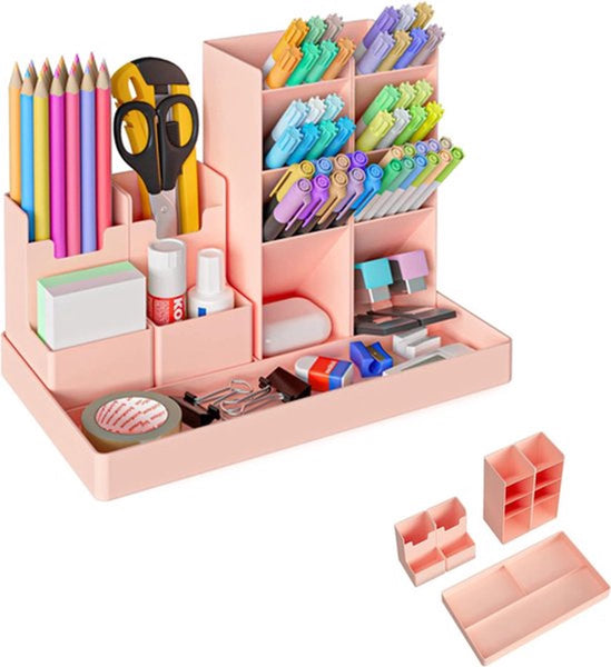 Pink 13 Compartment Plastic Desk Organizer & Pen Holder Pen Holders