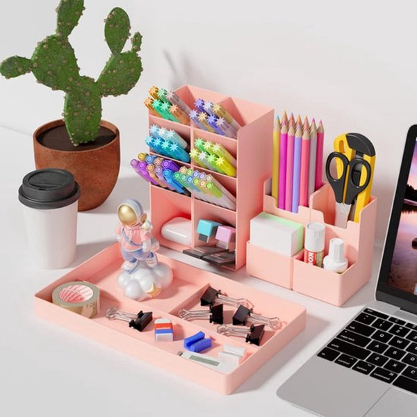 Pink 13 Compartment Plastic Desk Organizer & Pen Holder Pen Holders