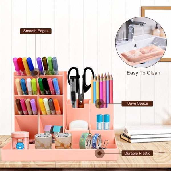 Pink 13 Compartment Plastic Desk Organizer & Pen Holder Pen Holders