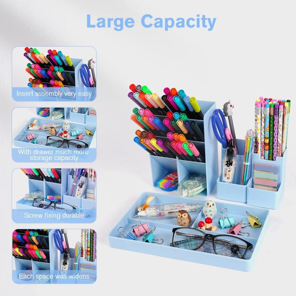 Pencil Case 13 Compartments Holder Desk Organizer Plastic Removable Storage System Mail Tray Office Baby Clothing Accessories Blue Pen Holders