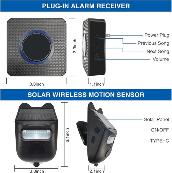 Solar Driveway Alarm System With 2 Sensors & 1 Doorbell Wireless Motion Detector Sensors & Motion Detectors