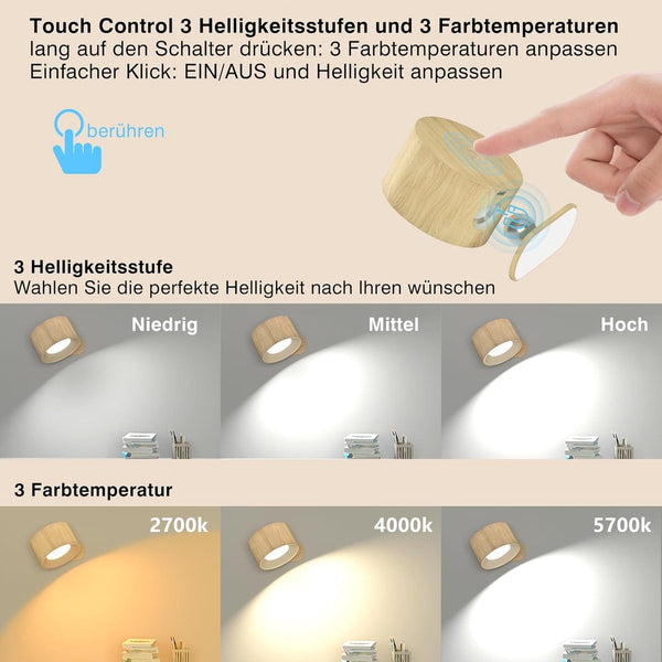 Night Light Indoor Wall Rechargeable Children's With 1 Battery Touch Control 3 Brightness Levels 360A Rotation For Living Room Bedroom Staircase Wood