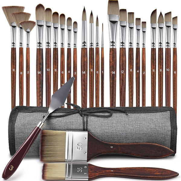 25Pc Acrylic Brush Set With Fabric Tray & Drawing Board Multi Media Brushes Artists Brushes