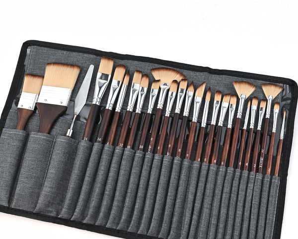 25Pc Acrylic Brush Set With Fabric Tray & Drawing Board Multi Media Brushes Artists Brushes