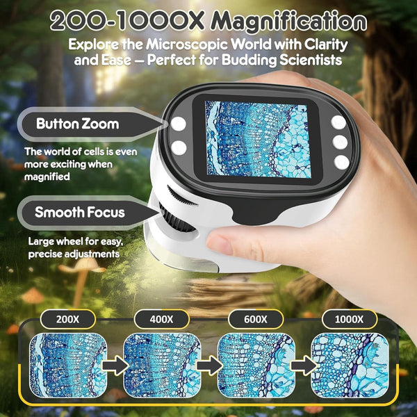 Children's Microscope 1000X Portable Digital Inch Screen Rechargeable With Slide Set Mini Pocket Telescope Educational Gift For Ages 4 12 Microscopes