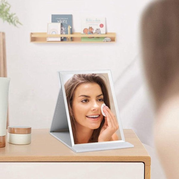 Folding Tabletop Mirror With Pu Leather Cover 125 X 17 Cm Portable Travel Stand Makeup For Office And Camping Makeup Mirrors