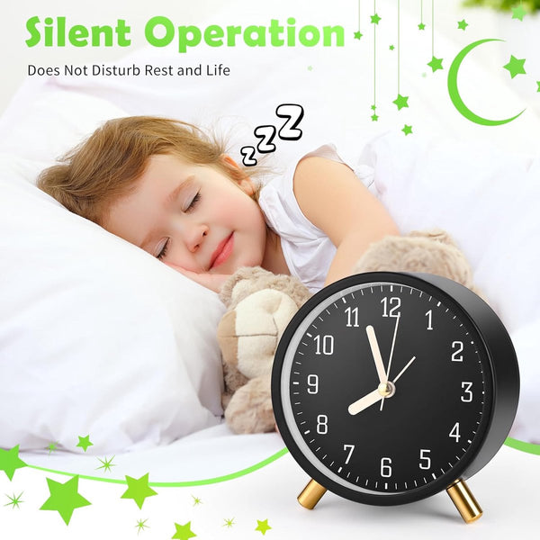 Classic Analog Wekker Alarm Clock No Ticking With Snooze Function Ultra Quiet Night Light Battery Operated Elegant Round Metal (Black) Alarm Clocks &