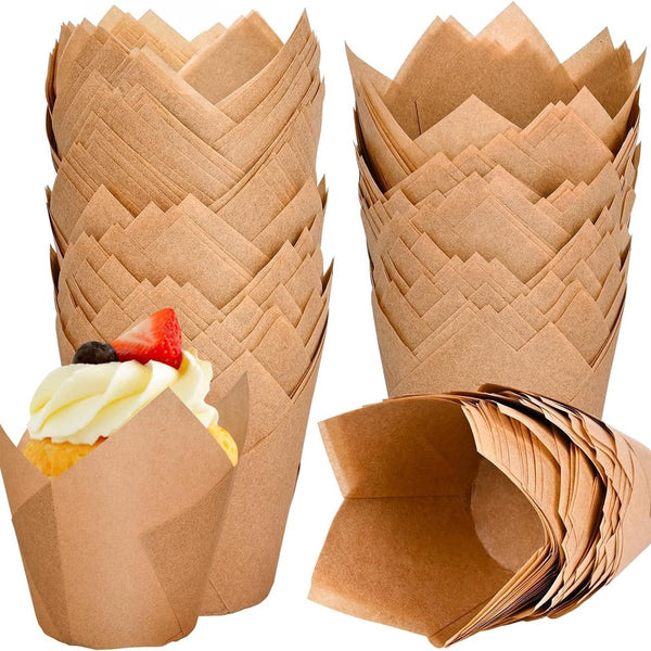 120 Tulip Muffin Cups Food Grade Baking Paper Non Stick High Temp Resistant Brown Baking Cups & Cases